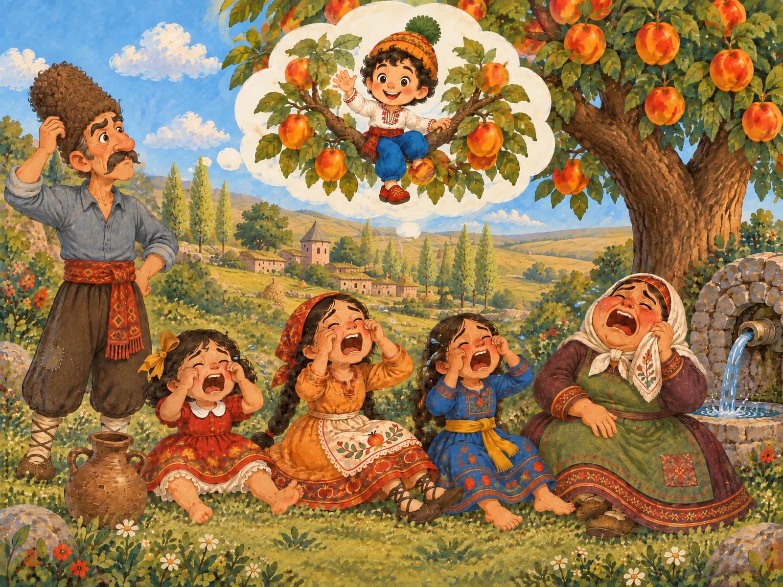 A family imagining little Kikos in an orchard