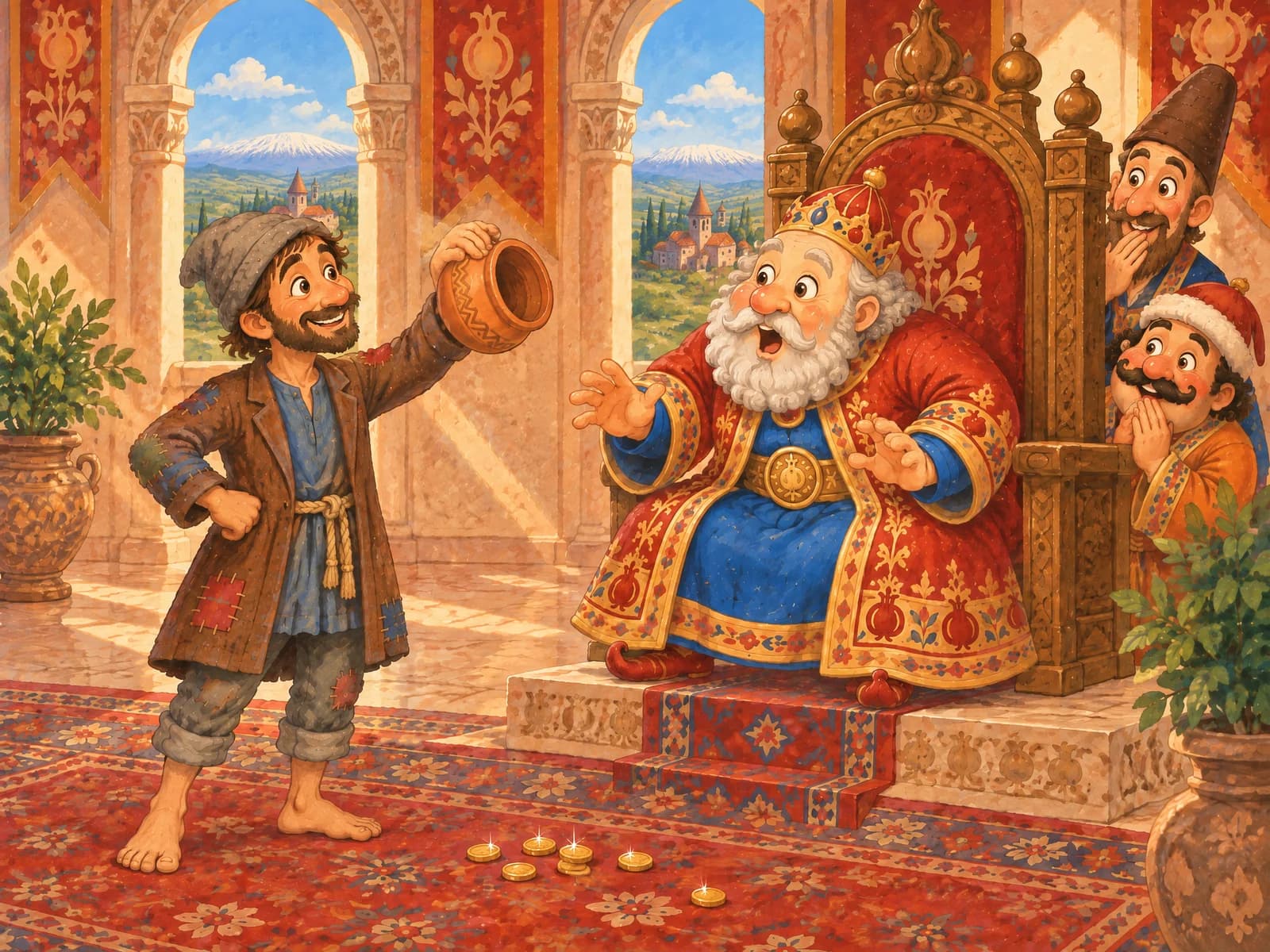 The Liar: a storyteller entertains a king in an illustrated Armenian palace