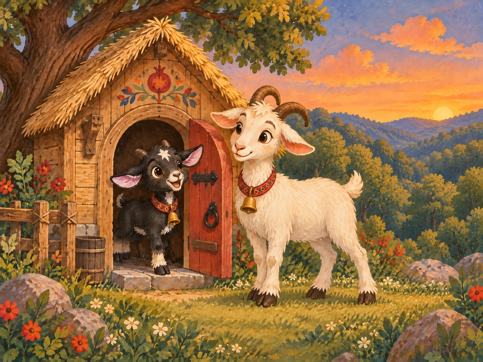 A little goat and its mother outside their storybook cottage